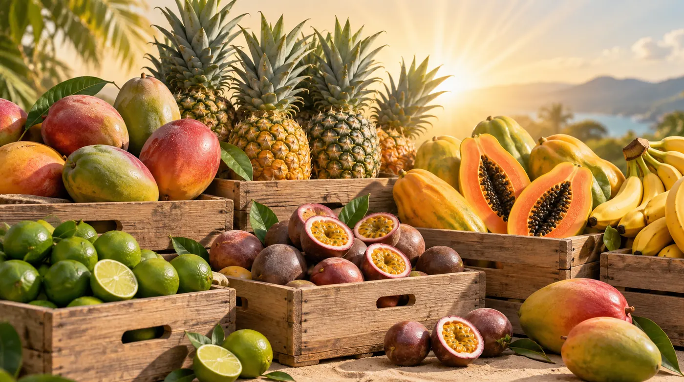 Composition illustrative de fruits tropicaux disposés en caisses